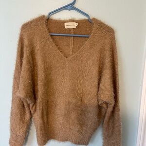 Dreamers Fuzzy V-Neck Sweater in Tan